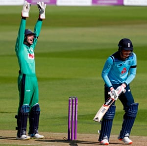 Ireland’s Gareth Delaney appeals as England’s Tom Banton is trapped lbw for 58 off the bowling of Ireland’s Gareth Delaney.