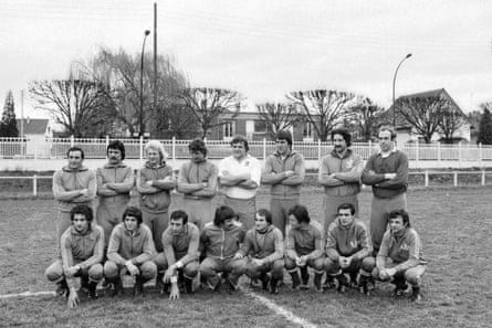 FranceâÂÂs national rugby union team, including Jean-Pierre Rives (top row, third left), Michel Palmie (top row, second right), Jean-Pierre Bastiat (top right) and the captain, Jacques Fouroux (front row, fourth right), pose for a photo during a training session in Rueil, near Paris.