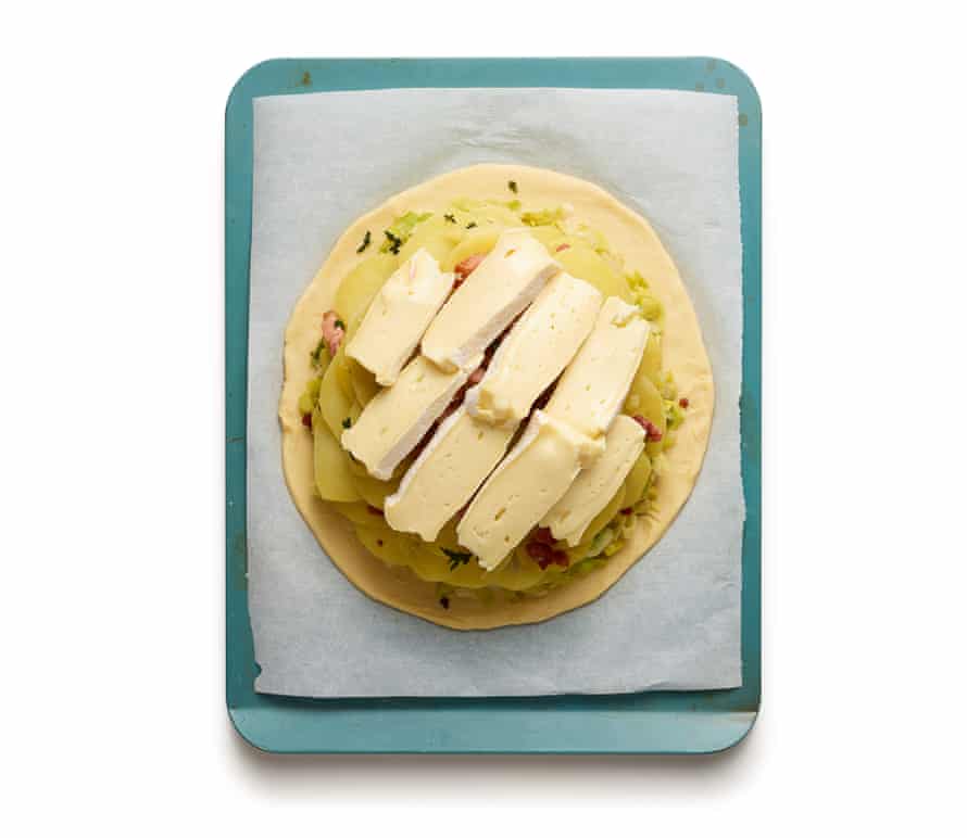 Felicity’s perfect cheese pithivier 7: cheese on top of the potatoes and lardons.
