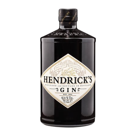 A bottle of Hendrick’s Gin 70cl, the bottle is black with a diamond shape beige label in the centre with the Hendricks branding.