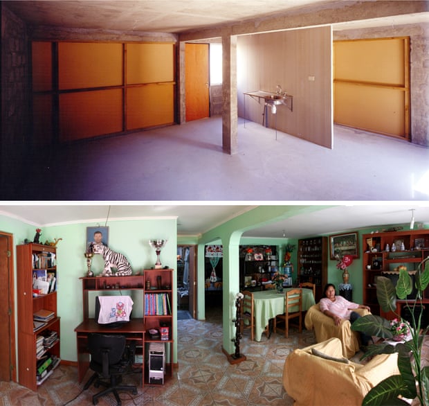 The interior of a ‘half house’ by Aravena, before and after.
