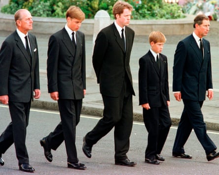 Philip, William, Spencer, Harry and Charles walking in Diana’s funeral procession