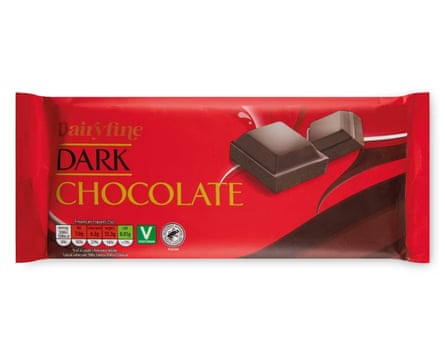 Red packaging for a bar of dark chocolate