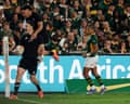 Will Jordan celebrates scoring a try for New Zealand