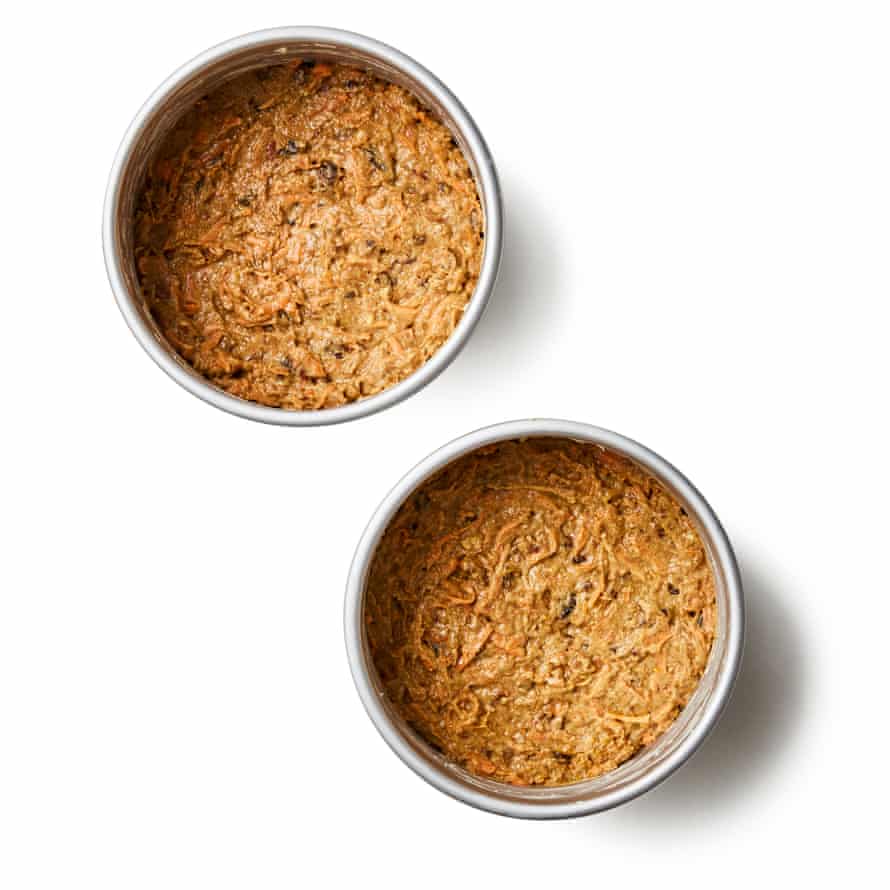 Felicity Cloake’s carrot cake – Distribute evenly in two baking tins and bake.