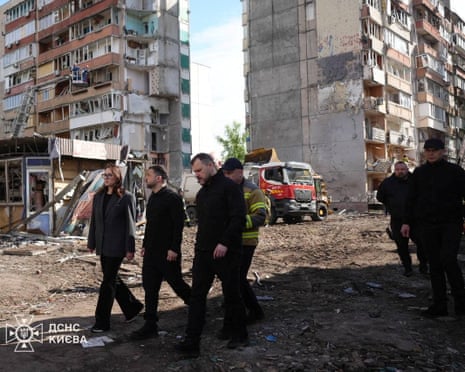 Ukraine’s president Volodymyr Zelenskyy, joined by prime minister Yulia Svyrydenko and interior minister Ihor Klymenko visit the site of an apartment building damaged during yesterday’s Russian missile and drone strike in Kyiv, Ukraine.