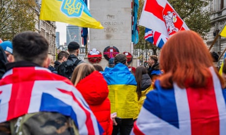 A small group of Ukrainians (with some free Belarus allies) pay their respects and remember their fallen on Remembrance Sunday in London
