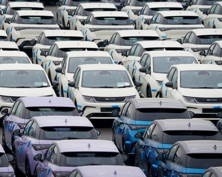 Chinese-made BYD passenger battery electric vehicles and plug-in hybrid electric vehicles in a compound in Sheerness, Kent