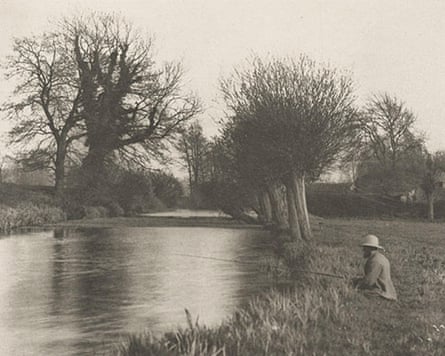 A sepia photograph shows a river with a Victorian angler fishing