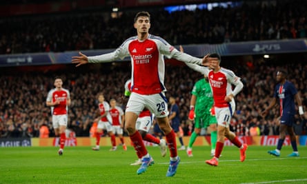 Kai Havertz celebrates after rising bravely to head in Arsenal’s opening goal of a statement win against PSG