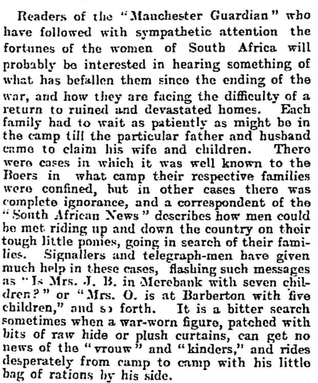The homecoming of the Boers: extracts from their correspondence. The Manchester Guardian, Oct 31, 1902