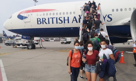 Niamh Fitzgibbon,27, Ellie Harper 32, Clarice Thorne, 27, boarding one of the BA repatriation flight from Lima to London