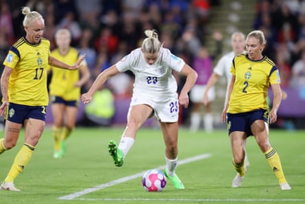 Alessia Russo improvises to scores England’s third goal against Sweden.