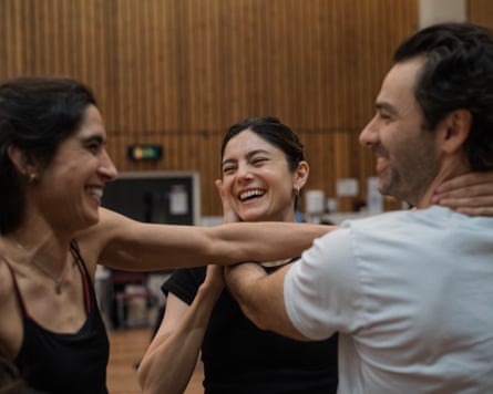 Lucia Chocarro, Monica Barbaro and Aidan Turner in rehearsals at the National Theatre