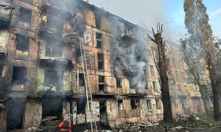 A damaged residential building after a missile strike in Kryvyi Rih, Dnipropetrovsk region, central Ukraine.
