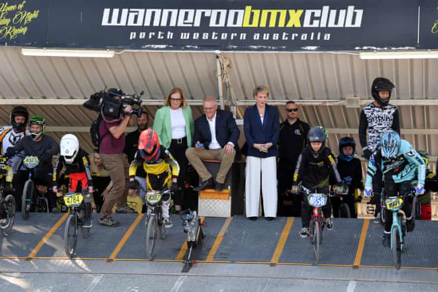 Liberal candidate for Pearce, Linda Aitken, prime minister Scott Morrison and attorney general Michaelia Cash during a visit to Wanneroo BMX Club in Perth.