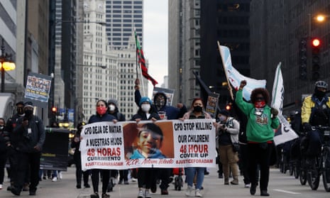 Protesters along Chicago’s South Michigan Avenue during a peaceful protest on Wednesday ahead of the release of video of the fatal police shooting of 13-year-old Adam Toledo.