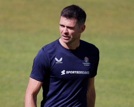 Jimmy Anderson during day one of a County Championship match at Old Trafford in Manchester