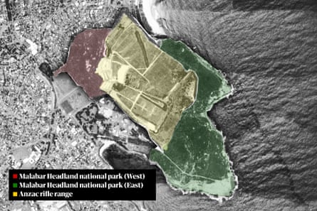 Milli Park ve Anzak Tüfek Menzilini gösteren Malabar Burnu'nun uydu görüntüsü.