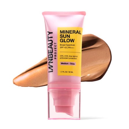 INNBEAUTY Project Mineral Sun Glow Broad Spectrum SPF 43 PA with a smear of lotion behind the bottle