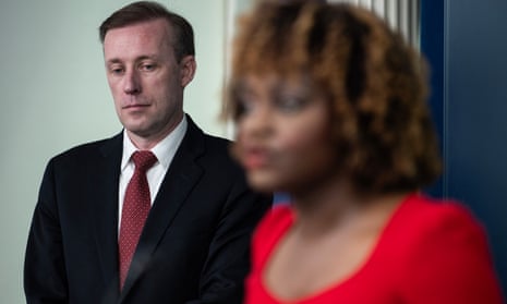 The US national security adviser, Jake Sullivan, listens as the White House press secretary, Karine Jean-Pierre, speaks during the daily press briefing in the Brady press briefing room of the White House moments ago.