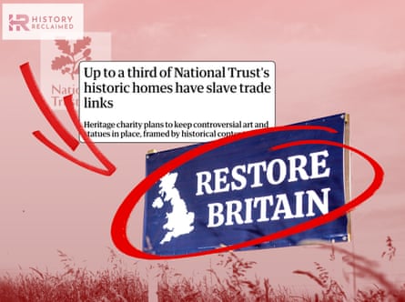 From left; Logo from History Reclaimed which Nigel Biggar has written for many times. Logo from the National Trust, an article headline from the Guardian, and a ‘restore Britain’ signpost