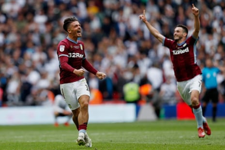 Aston Villa’s English midfielder Jack Grealish celebrates.