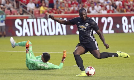 Romelu Lukaku scores his first Manchester United goal in the 2-1 win against Real Salt Lake on Monday.