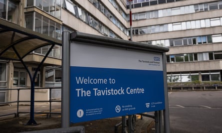 Blue and white NHS welcome sign at the entrance to the Tavistock Centre
