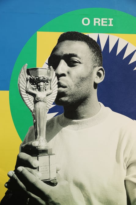 A mural depicting Pelé lifting the Jules Rimet trophy is seen during a tribute event for the Brazilian legend at a Fan Zone in Qatar during the 2022 World Cup. Images)