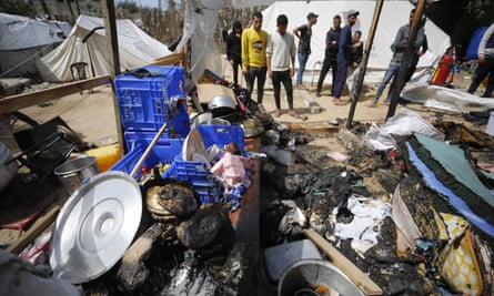 Destroyed tents after Israeli airstrikes hit al-Mawasi refugee camp in Gaza on 26 March.