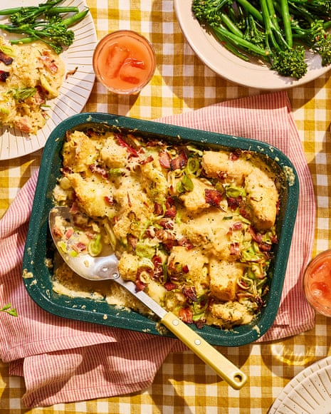 Leek, bacon and focaccia breakfast bake