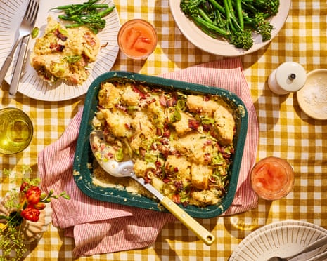 Leek, bacon and focaccia breakfast bake