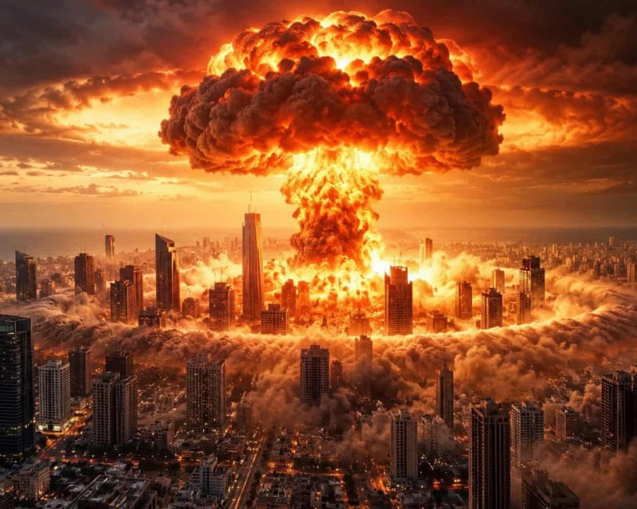 AI-generated image shows a massive mushroom cloud explosion engulfing Tel Aviv’s skyline
