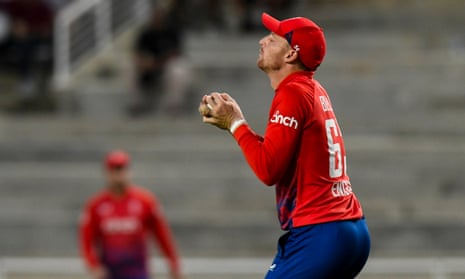 Jos Buttler of England takes the catch to dismiss Brandon King of the West Indies.