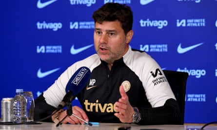 Mauricio Pochettino at a press conference at Chelsea’s training ground in Cobham.