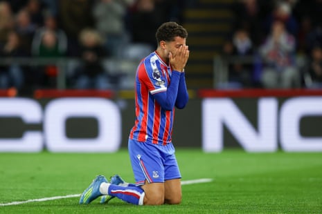 Brennan Johnson of Crystal Palace rues a missed chance to score.