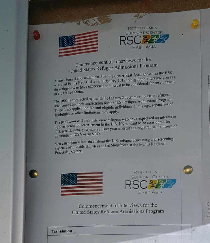 A notice posted inside the Manus Island detention centre advertising the US refugee resettlement program.