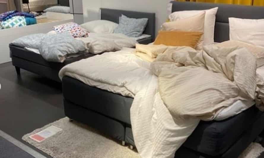 Unmade beds are seen in the Aalborg Ikea after a snowstorm stranded customers in the Denmark store.