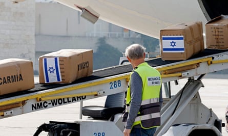 Aid for Ukraine is loaded on to an aircraft at Israel’s Ben Gurion airport