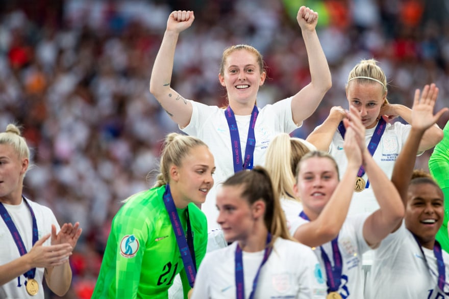 Keira Walsh celebrates after winning the Women's Euro 2022 final against Germany.