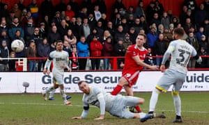 Accrington Stanley’s Billy Kee shoots at goal in their FA Cup fourth round game against Derby County in January 2019.