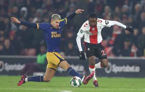 Bruno Guimaraes and Ibrahima Diallo battle for possession.