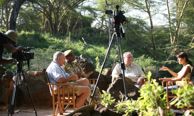 Smriti Vidyarthi (right), host of NTV Wild, hosts a discussion with panellists Mark Deeble, Robert Obrein and Richard Leakey, filmed at Mzima Springs, Tsavo West National Park, Kenya