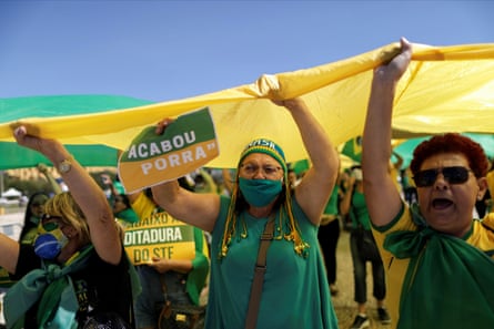 Demonstrators support Jair Bolsonaro in May 2020. The Brazilian president has touted unproven Covid treatments including ivermectin.