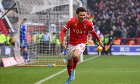Brennan Johnson after scoring Nottingham Forest’s second goal in their 4-1 victory over Leicester at City Ground.