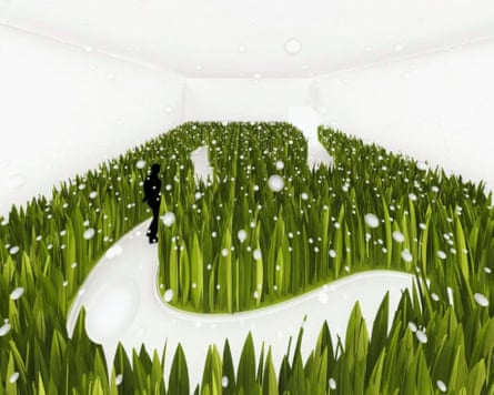 Art installation showing a snowy field of grass