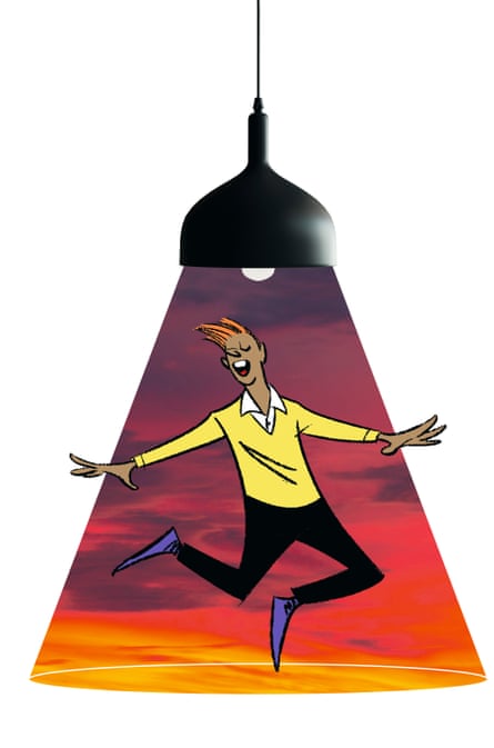 Illustration of a man dancing in a beautiful sunset projected by a ceiling lamp