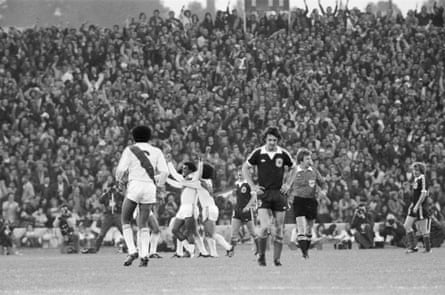 Teófilo Cubillas is mobbed by Peru teammates aft scoring 1 of his 2 goals against Scotland successful 1978.