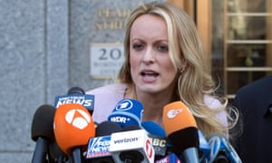 Stormy Daniels speaks outside federal court in New York on 16 April 2018.